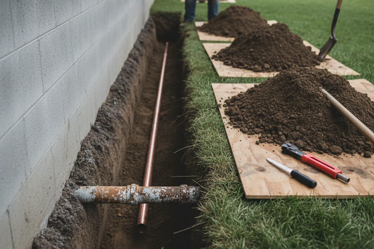 Excavated water line trench during Sewer Line Repair in Eagle Bridge